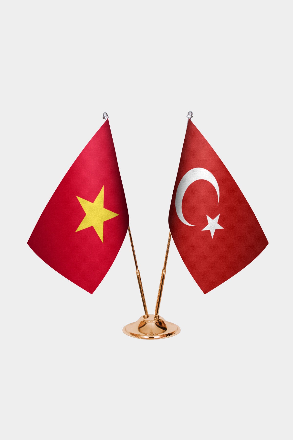 Vietnam and Turkey desk flag set with gold pole and base