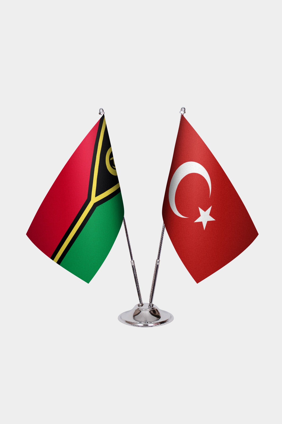 Vanuatu and Turkey desk flag set with chrome pole and base