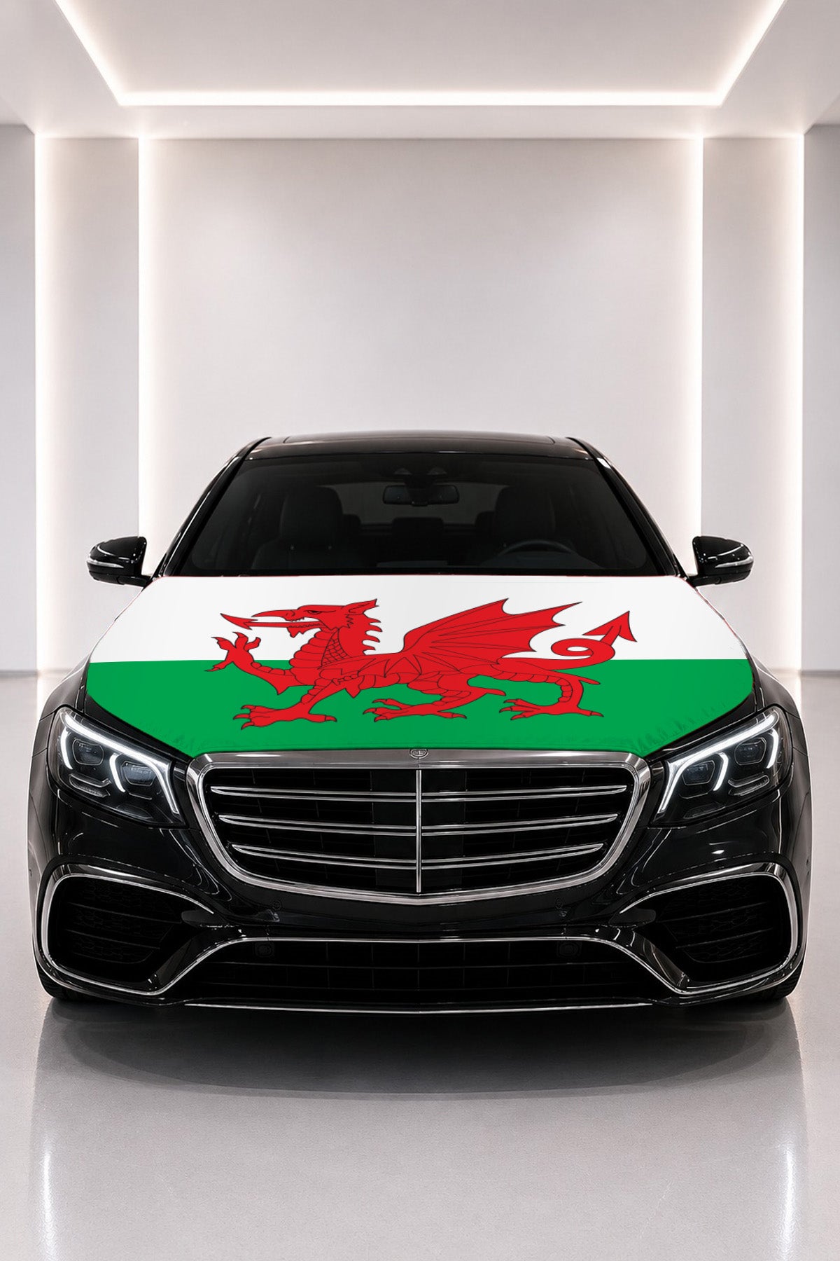 Wales flag car hood cover fitted on a black car bonnet