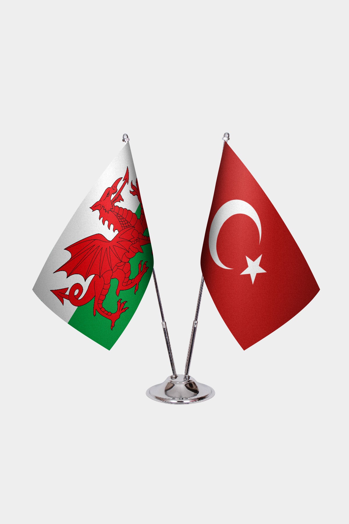 Wales and Turkey desk flag set with chrome pole and base