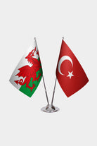 Wales and Turkey desk flag set with chrome pole and base