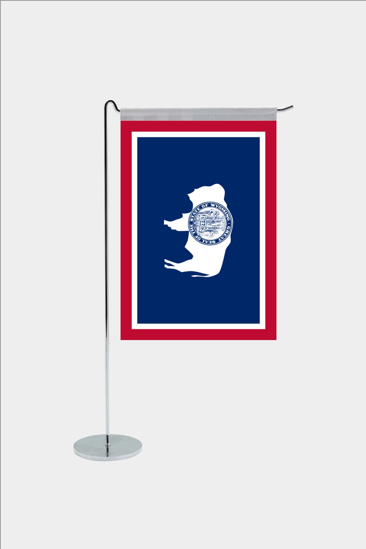 Wyoming state desk flag with chrome L-shaped stand - premium double-layer satin office flag