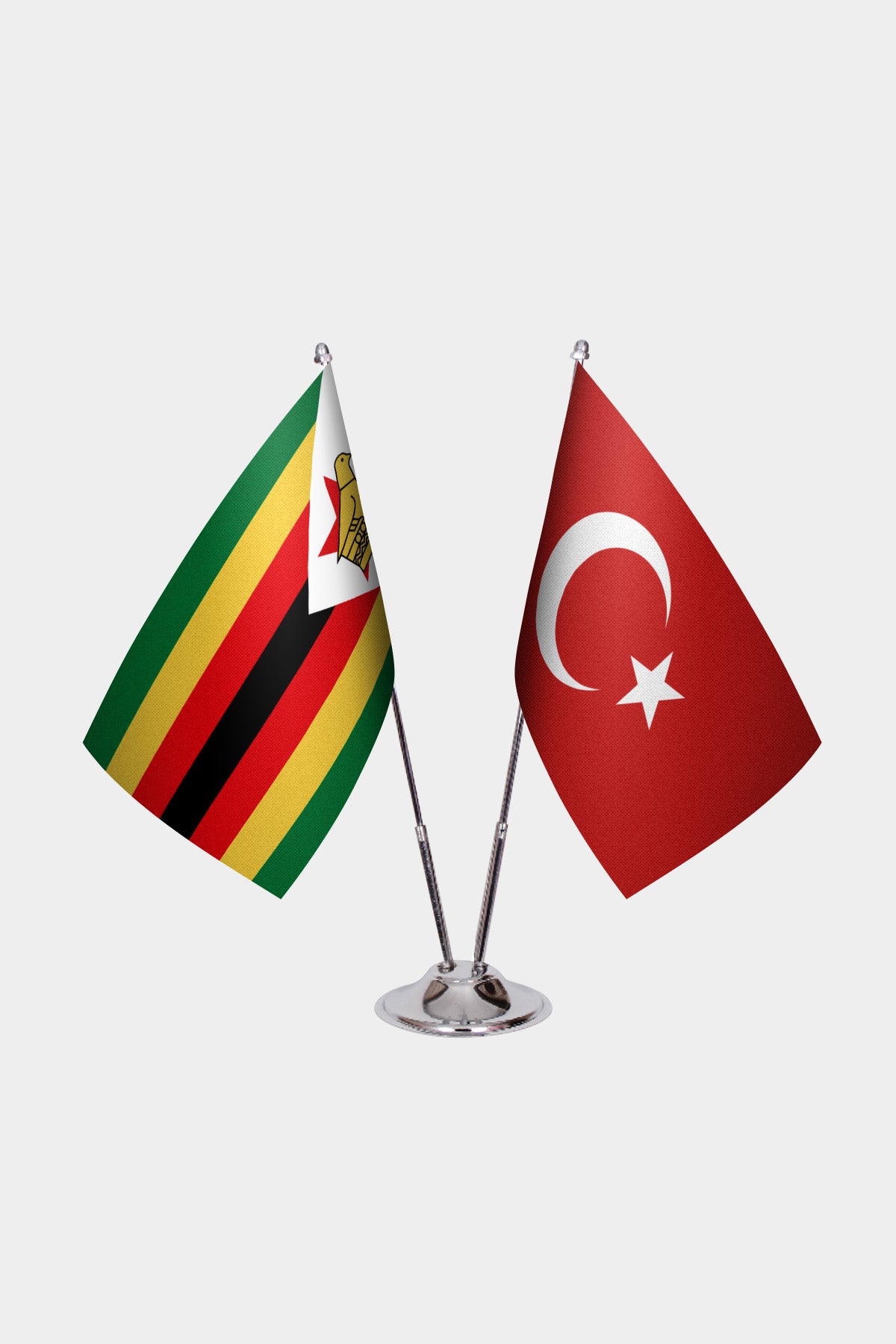 Zimbabwe and Turkey desk flag set with chrome pole and base