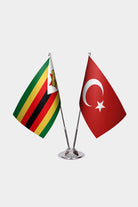 Zimbabwe and Turkey desk flag set with chrome pole and base