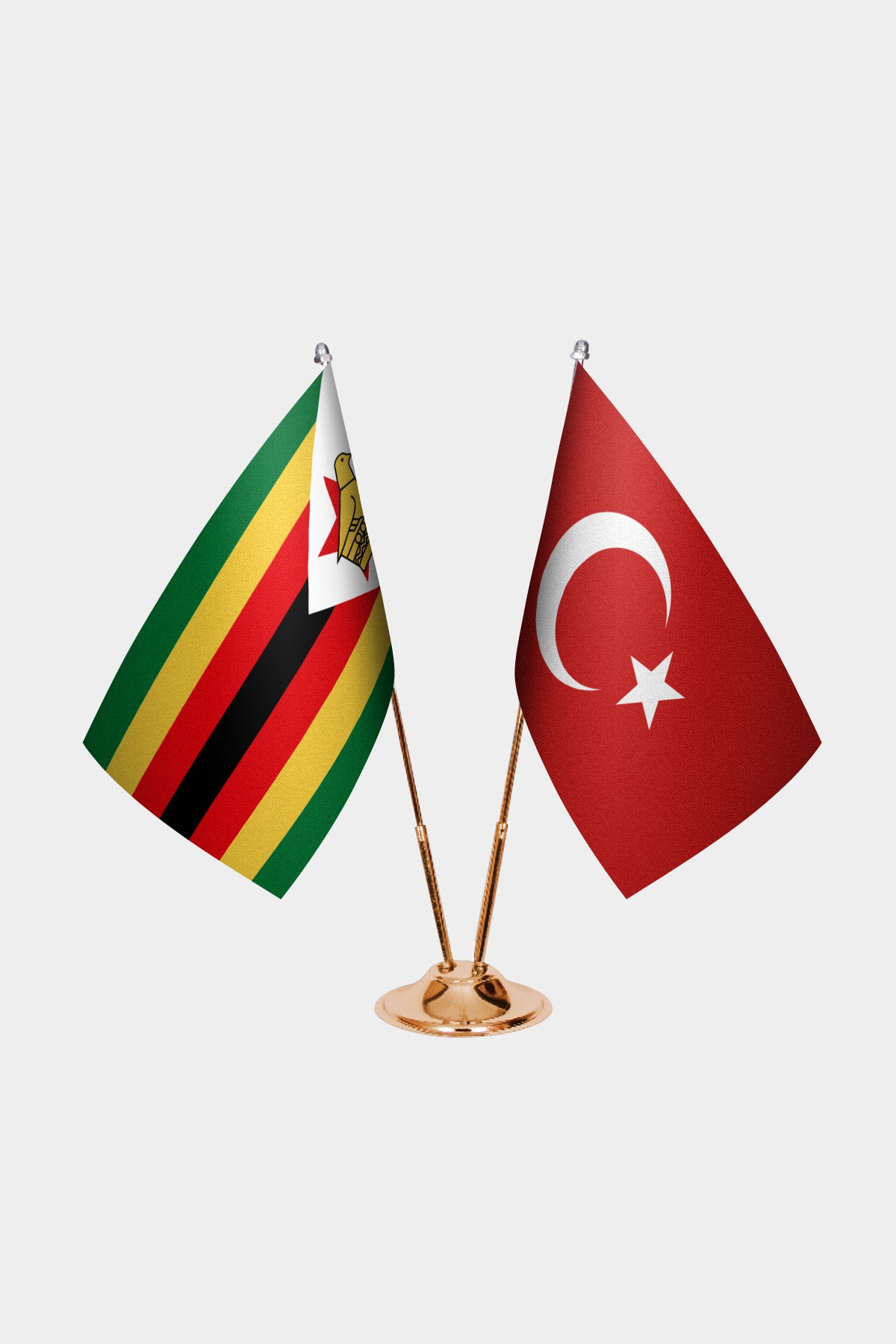 Zimbabwe and Turkey desk flag set with gold pole and base