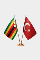 Zimbabwe and Turkey desk flag set with gold pole and base