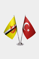 Brunei and Turkey desk flag set with chrome pole and base