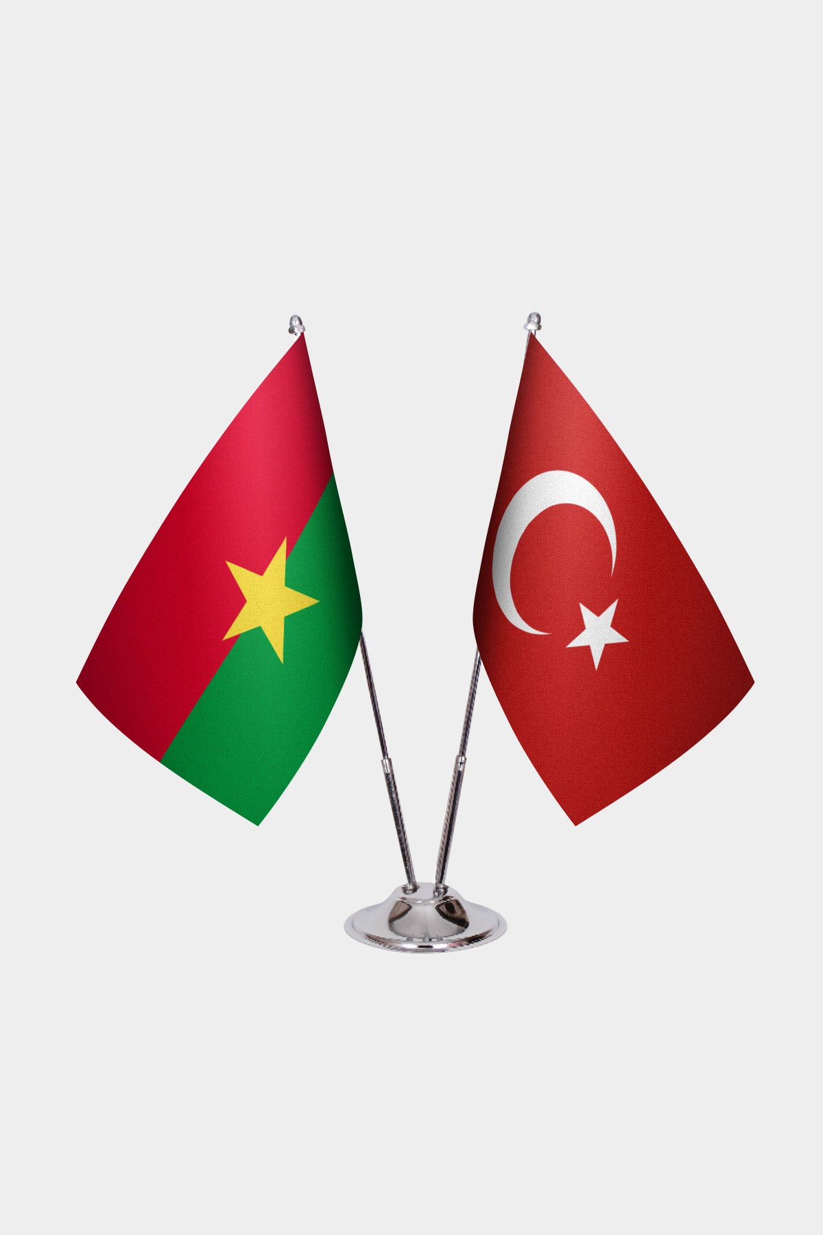 Burkina Faso and Turkey desk flag set with chrome pole and base