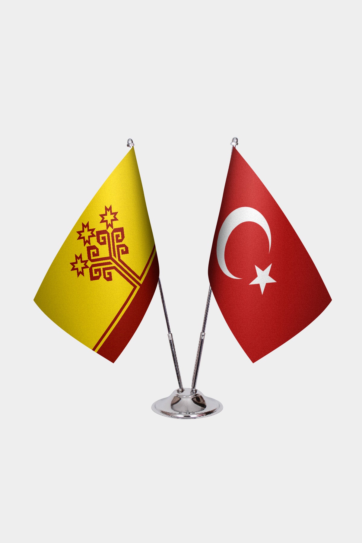 Chuvashia and Türkiye dual desk flag set with chrome silver pedestal, satin office table flag