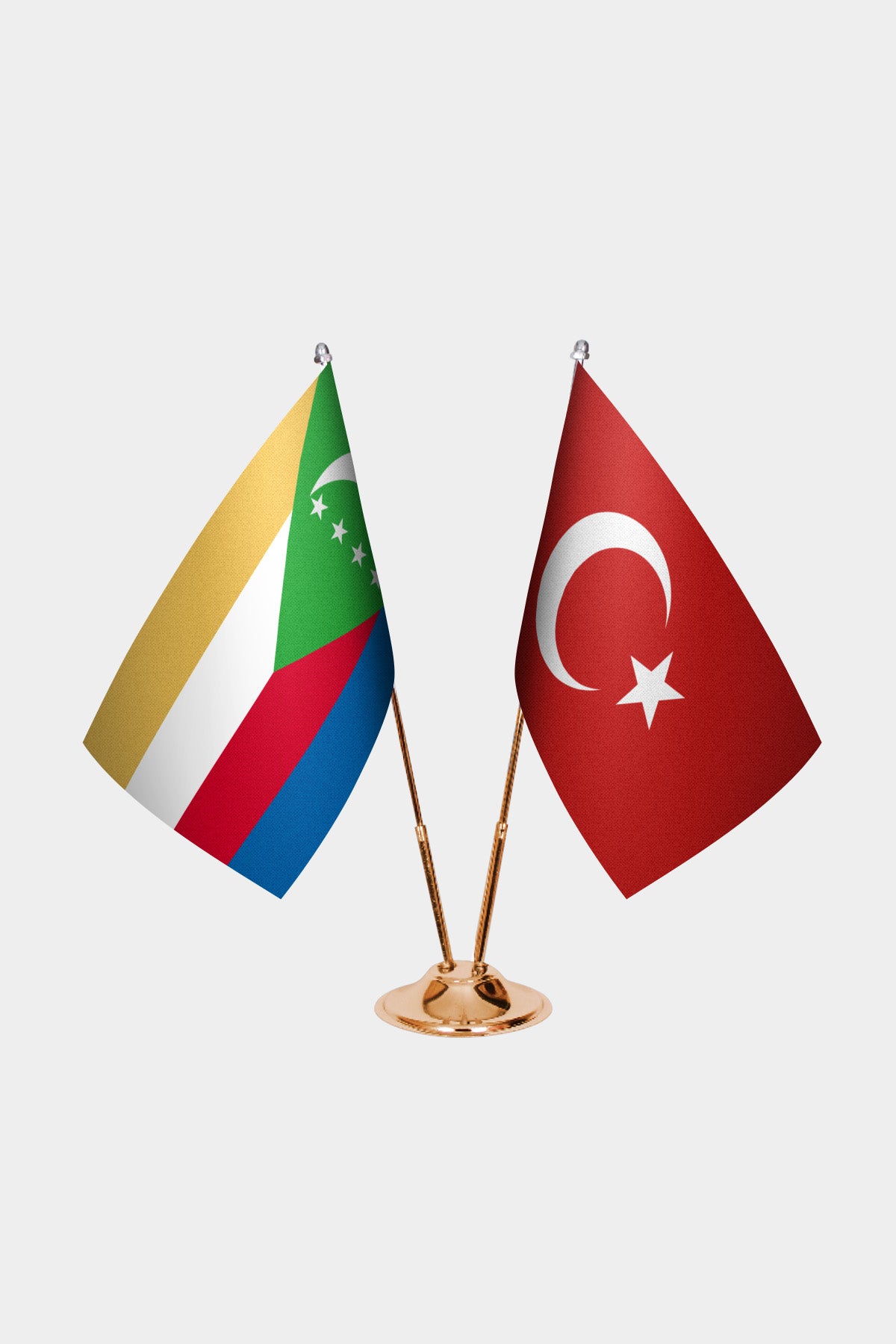 Comoros and Turkey desk flag set with gold pole and base