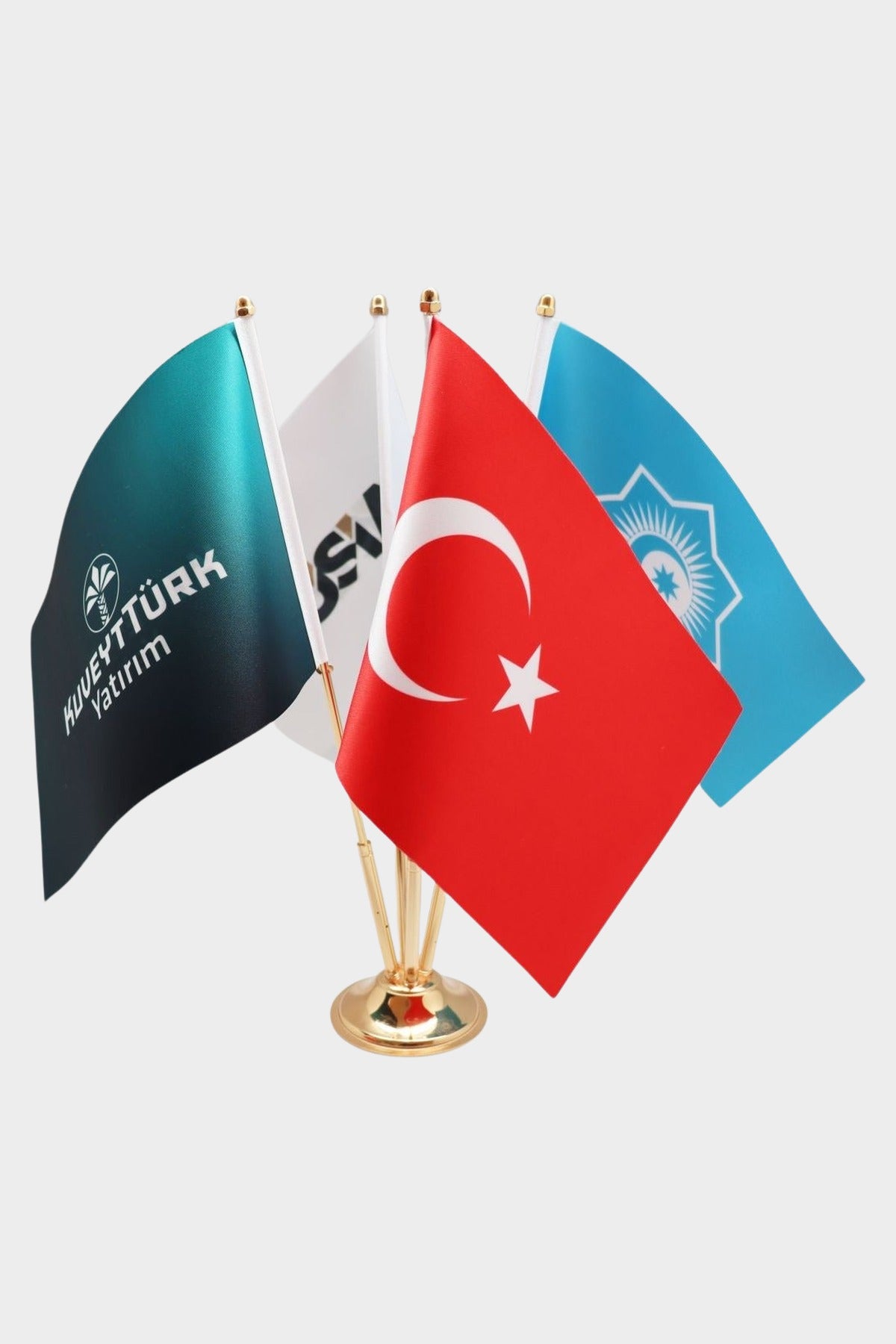 Logo Printed Quadruple Desk Flag with gold poles, 15 × 22.5 cm flags on a weighted base (1)
