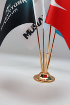 Logo Printed Quadruple Desk Flag with gold poles, 15 × 22.5 cm flags on a weighted base (3)