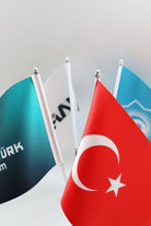 Logo Printed Quadruple Desk Flag with chrome poles, 15 × 22.5 cm flags on a weighted base (2)