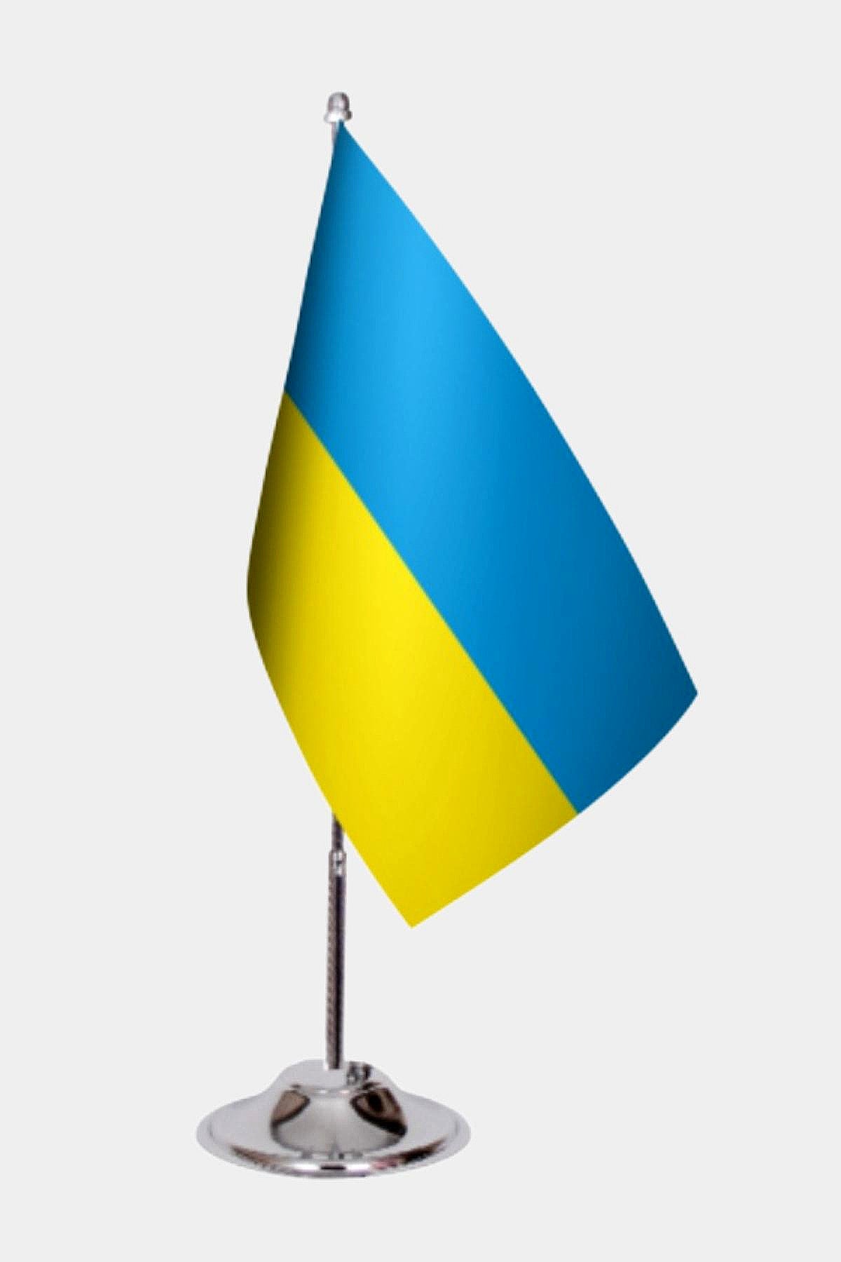 Ukraine Desk Flag - Premium Double-Layer Satin with Chrome L-Shaped Stand | Professional Quality Country Desk Flag for Government Offices and Institutions