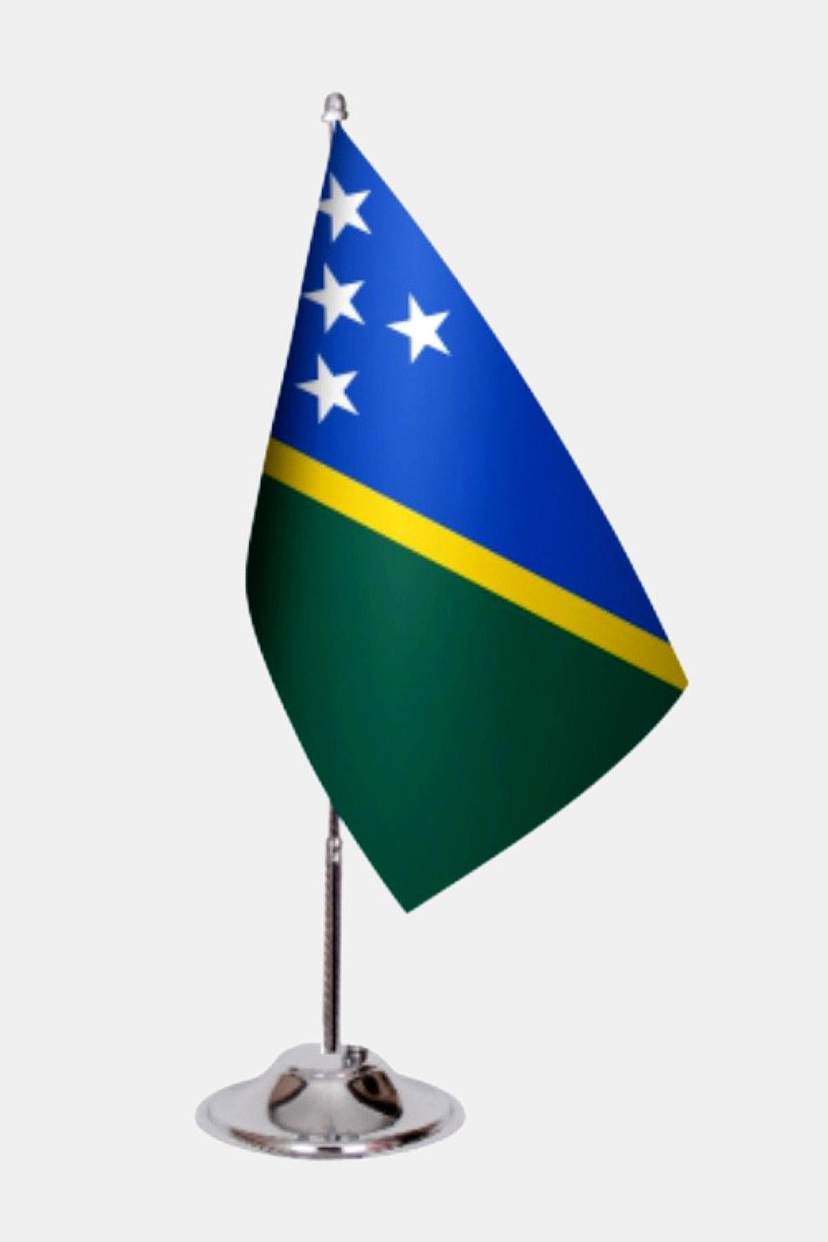 Solomon Islands Desk Flag - Premium Double-Layer Satin with Chrome L-Shaped Stand | Professional Quality Country Desk Flag for Government Offices and Institutions