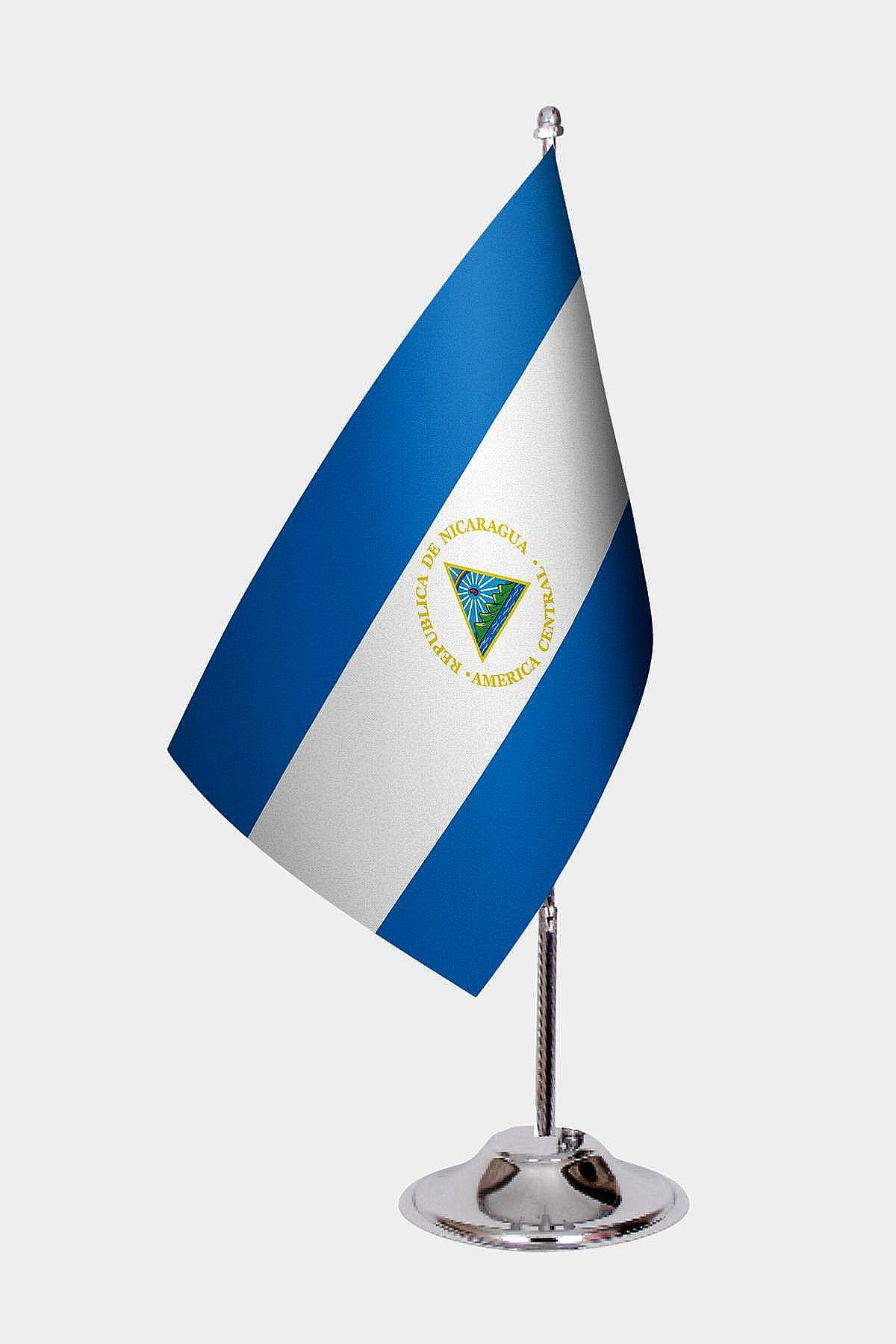 Nicaragua Desk Flag - Premium Double-Layer Satin with Chrome L-Shaped Stand | Professional Quality Country Desk Flag for Government Offices and Institutions