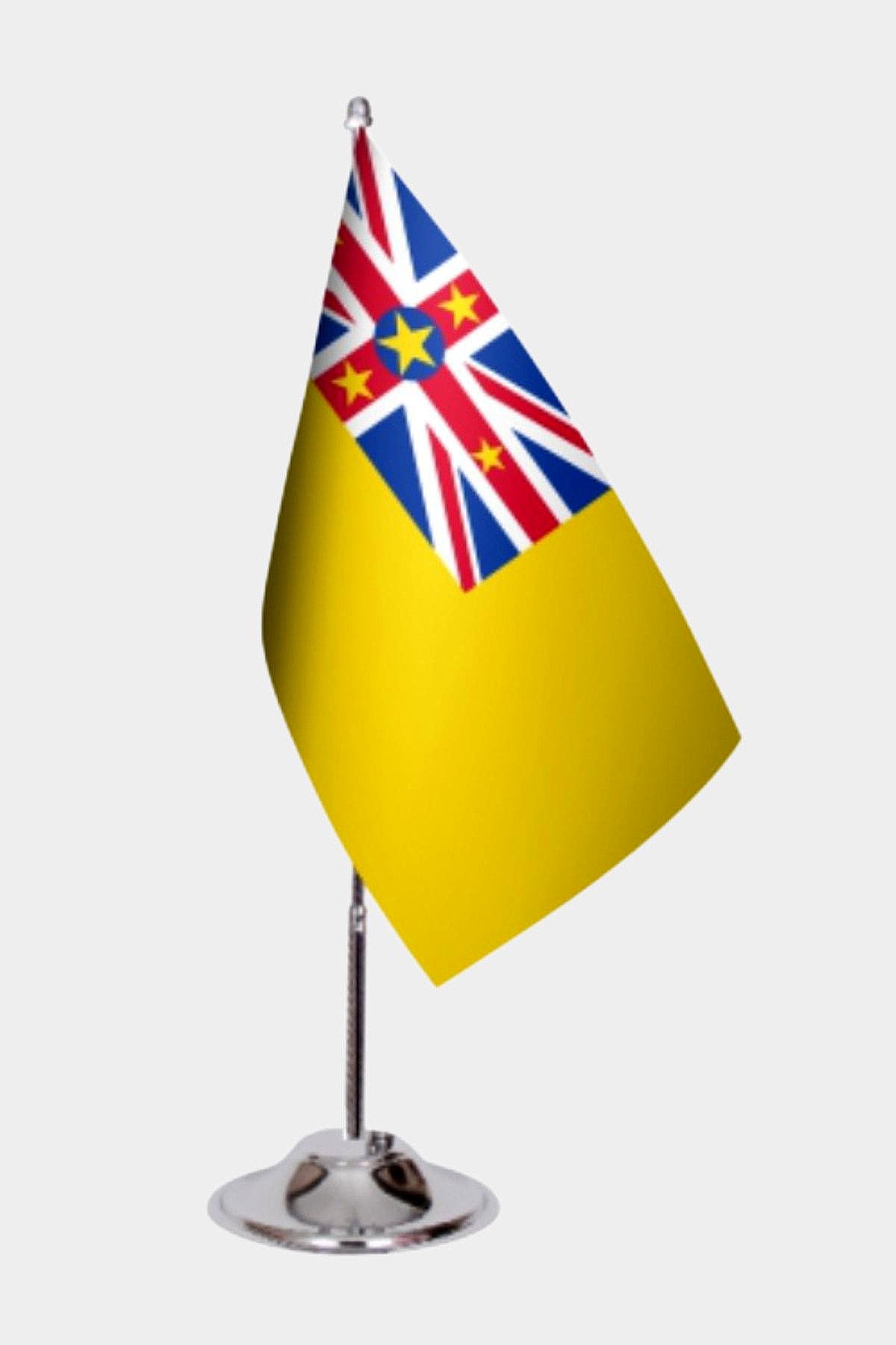 Niue Desk Flag - Premium Double-Layer Satin with Chrome L-Shaped Stand | Professional Quality Country Desk Flag for Government Offices and Institutions