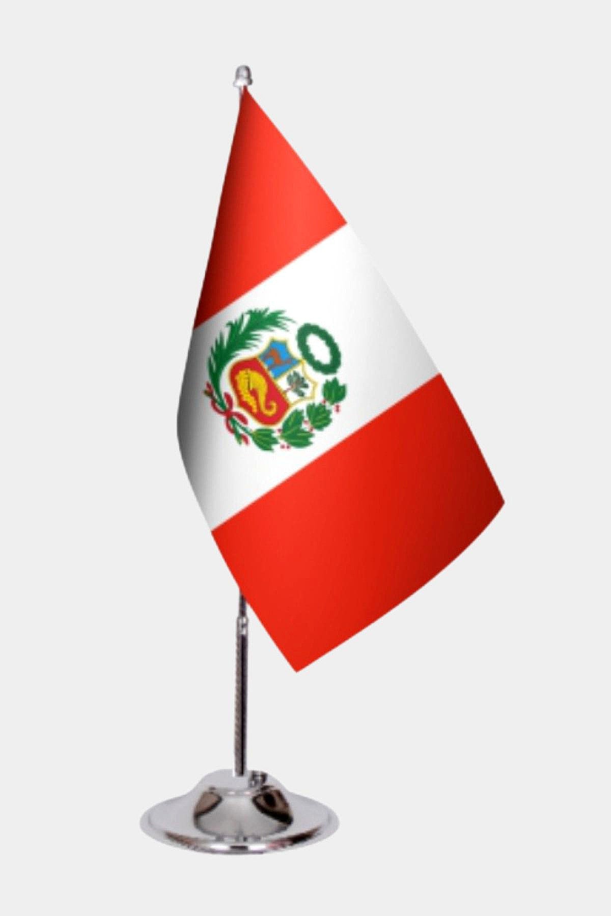 Peru Desk Flag - Premium Double-Layer Satin with Chrome L-Shaped Stand | Professional Quality Country Desk Flag for Government Offices and Institutions