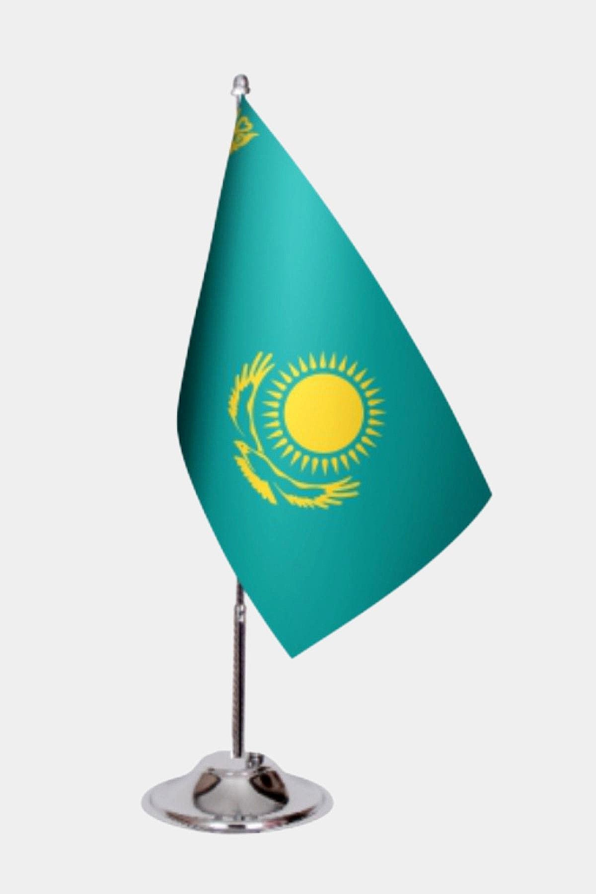 Kazakhistan Desk Flag - Premium Double-Layer Satin with Chrome L-Shaped Stand | Professional Quality Country Desk Flag for Government Offices and Institutions