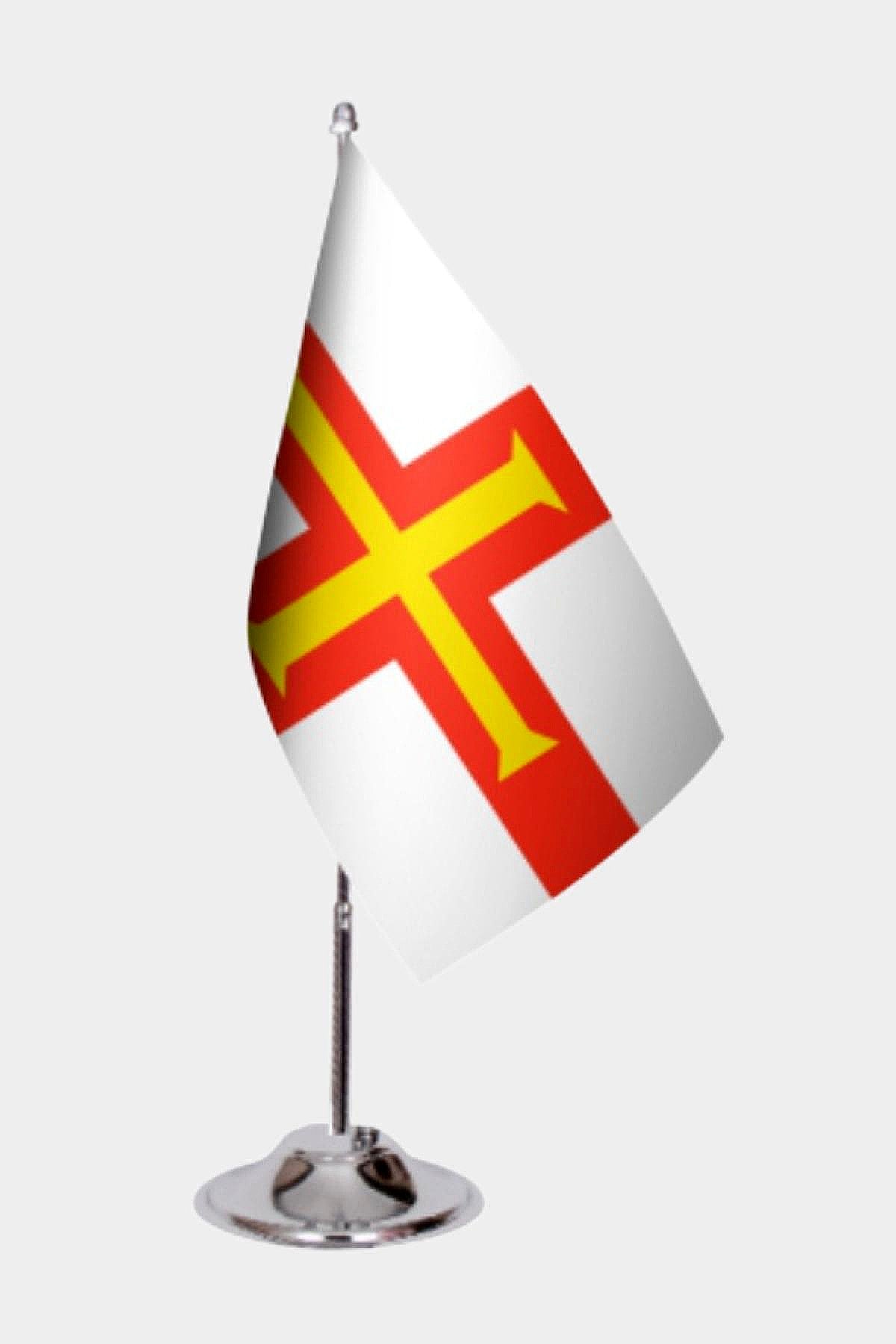 Guernsey Desk Flag - Premium Double-Layer Satin with Chrome L-Shaped Stand | Professional Quality Country Desk Flag for Government Offices and Institutions