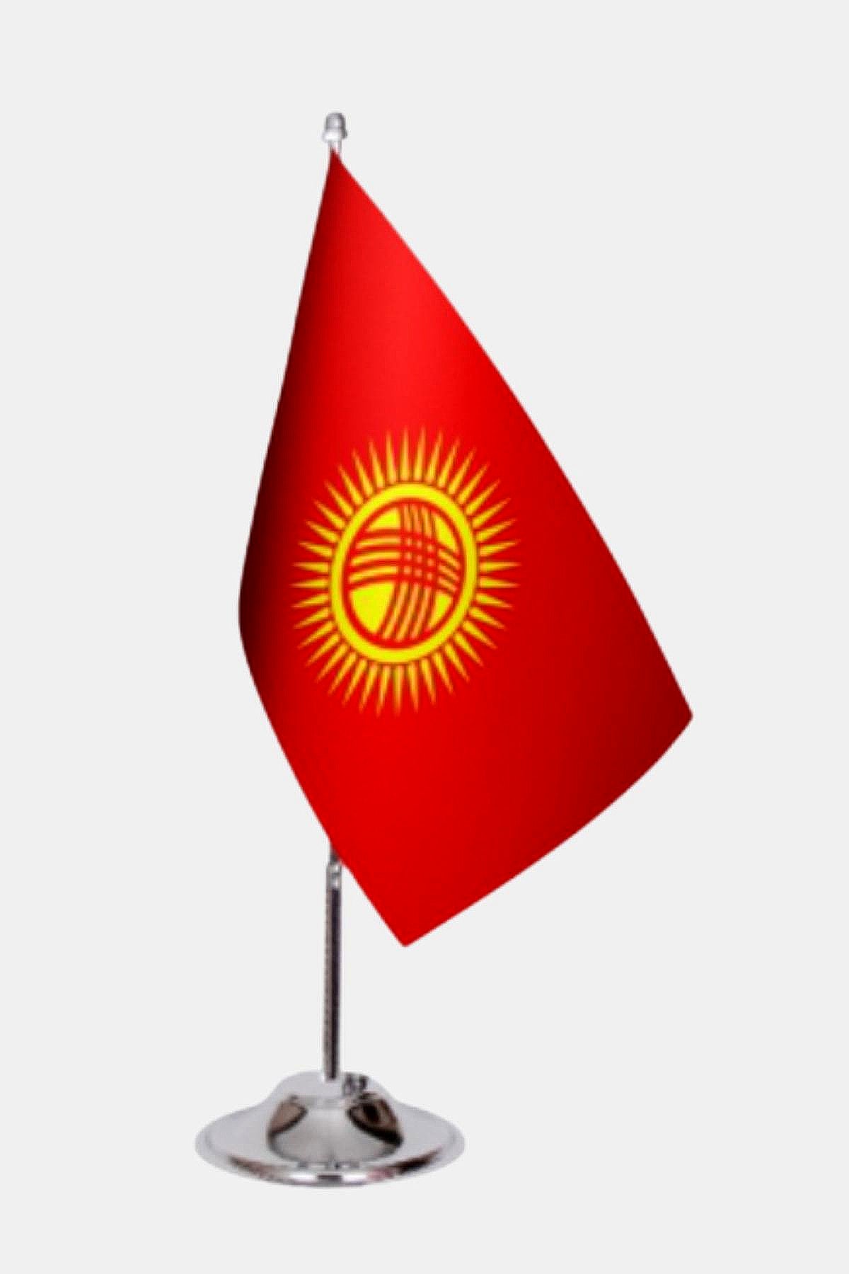 Kyrgyzstan Desk Flag - Premium Double-Layer Satin with Chrome L-Shaped Stand | Professional Quality Country Desk Flag for Government Offices and Institutions