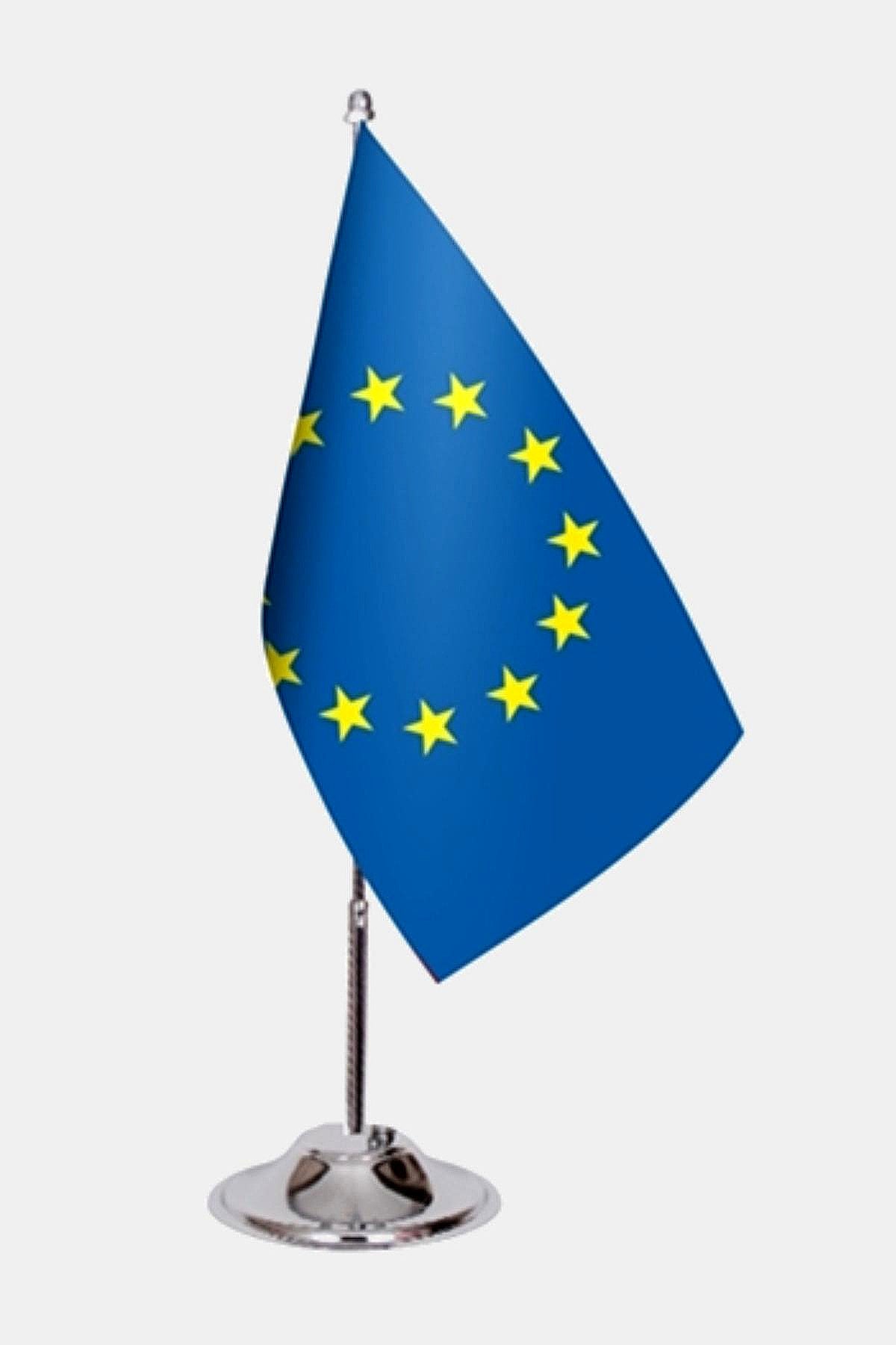 European Union Desk Flag - Premium Double-Layer Satin with Chrome L-Shaped Stand | Professional Quality Country Desk Flag for Government Offices and Institutions