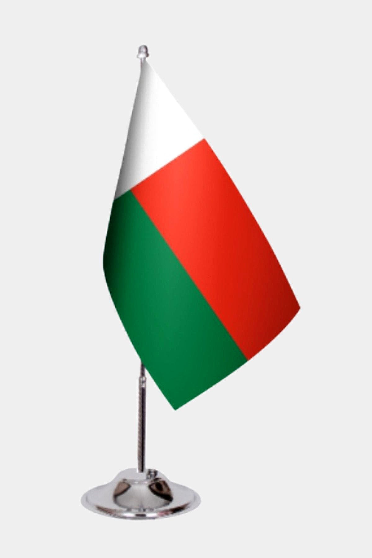 Madagascar Desk Flag - Premium Double-Layer Satin with Chrome L-Shaped Stand | Professional Quality Country Desk Flag for Government Offices and Institutions