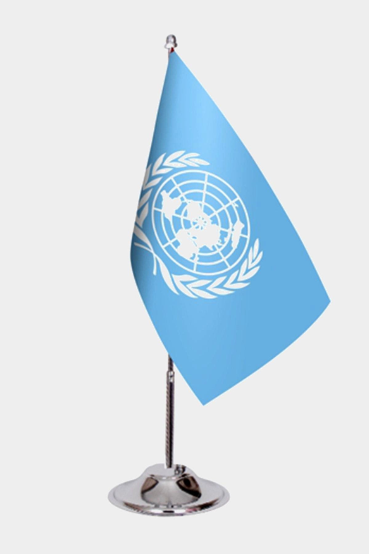 United Nations Desk Flag - Premium Double-Layer Satin with Chrome L-Shaped Stand | Professional Quality Country Desk Flag for Government Offices and Institutions