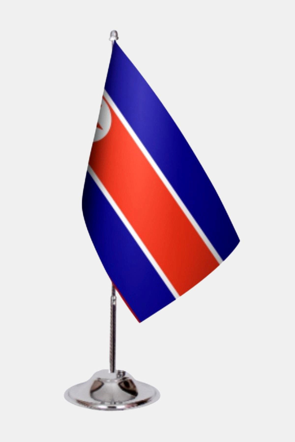 North Korea Desk Flag - Premium Double-Layer Satin with Chrome L-Shaped Stand | Professional Quality Country Desk Flag for Government Offices and Institutions
