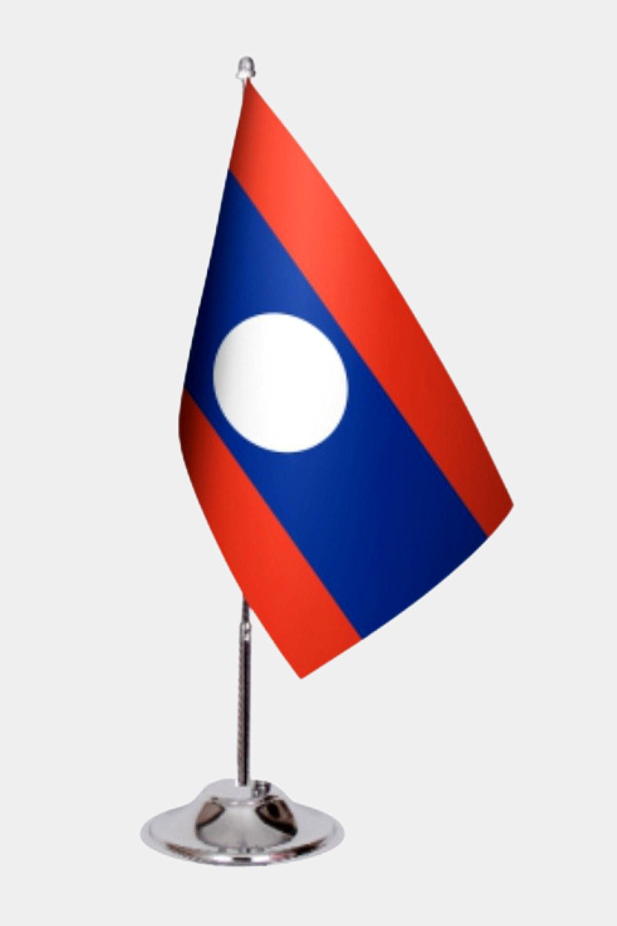 Laos Desk Flag - Premium Double-Layer Satin with Chrome L-Shaped Stand | Professional Quality Country Desk Flag for Government Offices and Institutions