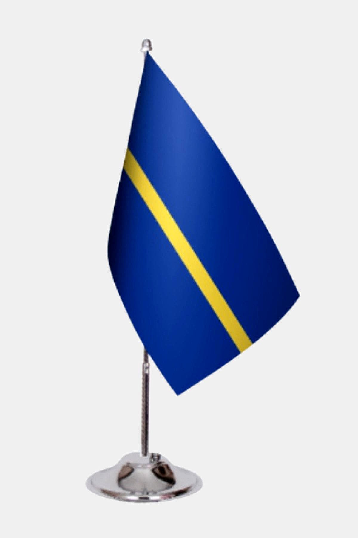 Nauru Desk Flag - Premium Double-Layer Satin with Chrome L-Shaped Stand | Professional Quality Country Desk Flag for Government Offices and Institutions