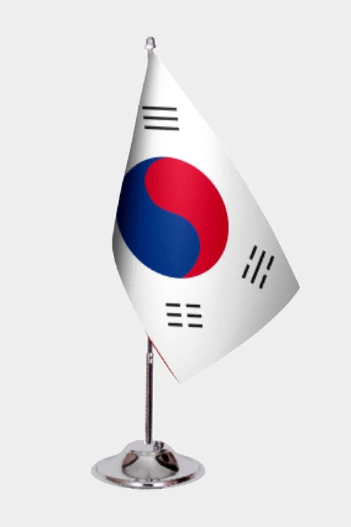 South Korea Desk Flag - Premium Double-Layer Satin with Chrome L-Shaped Stand | Professional Quality Country Desk Flag for Government Offices and Institutions