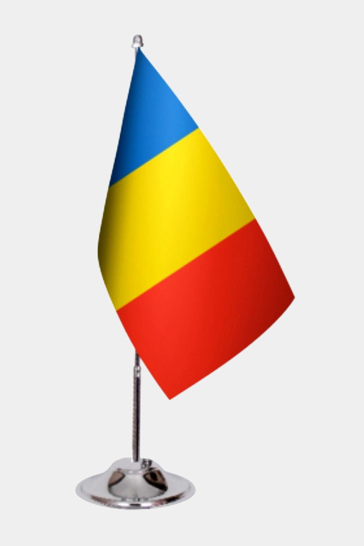 Romania Desk Flag - Premium Double-Layer Satin with Chrome L-Shaped Stand | Professional Quality Country Desk Flag for Government Offices and Institutions
