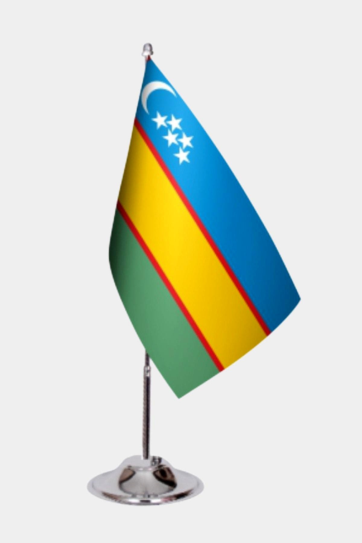 Karakalpakstan Desk Flag - Premium Double-Layer Satin with Chrome L-Shaped Stand | Professional Quality Country Desk Flag for Government Offices and Institutions