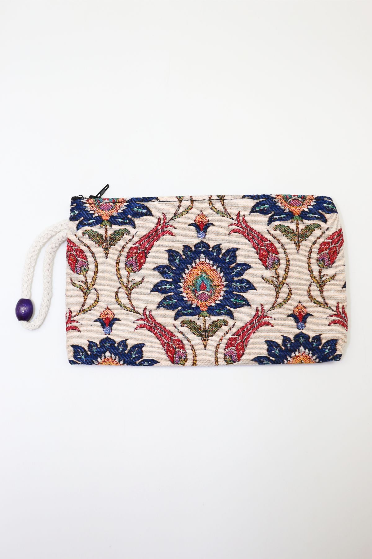 Ottoman Floral Woven Tapestry Clutch Wallet — woven clutch wallet with wrist strap, front view
