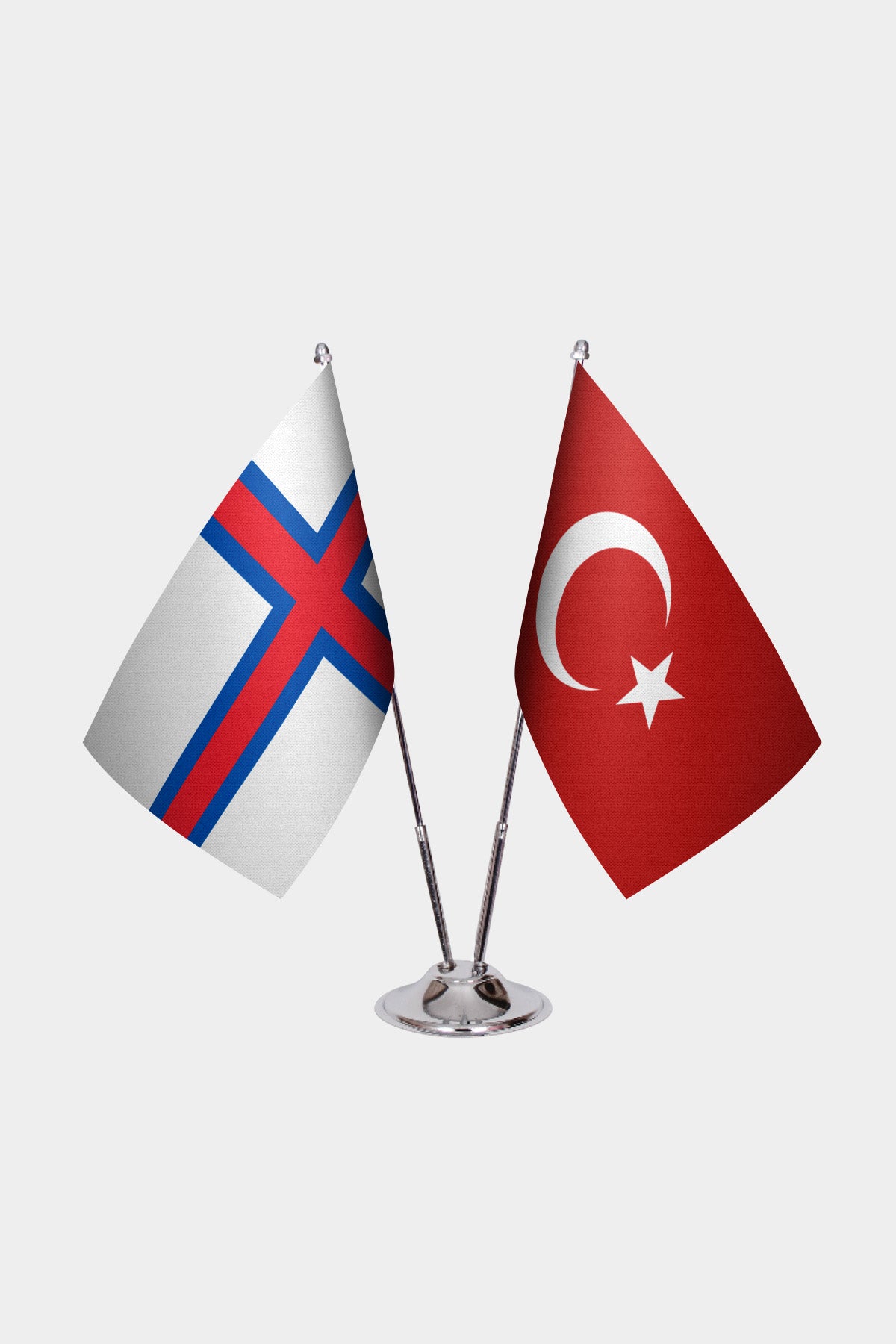 Faroe Islands and Türkiye dual desk flag set with chrome silver pedestal, satin office table flag