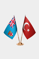 Fiji and Turkey desk flag set with gold pole and base