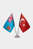 Fiji and Turkey desk flag set with chrome pole and base