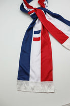 France Flag Satin Soccer Scarf close-up of the satin-look fabric, print and white fringe