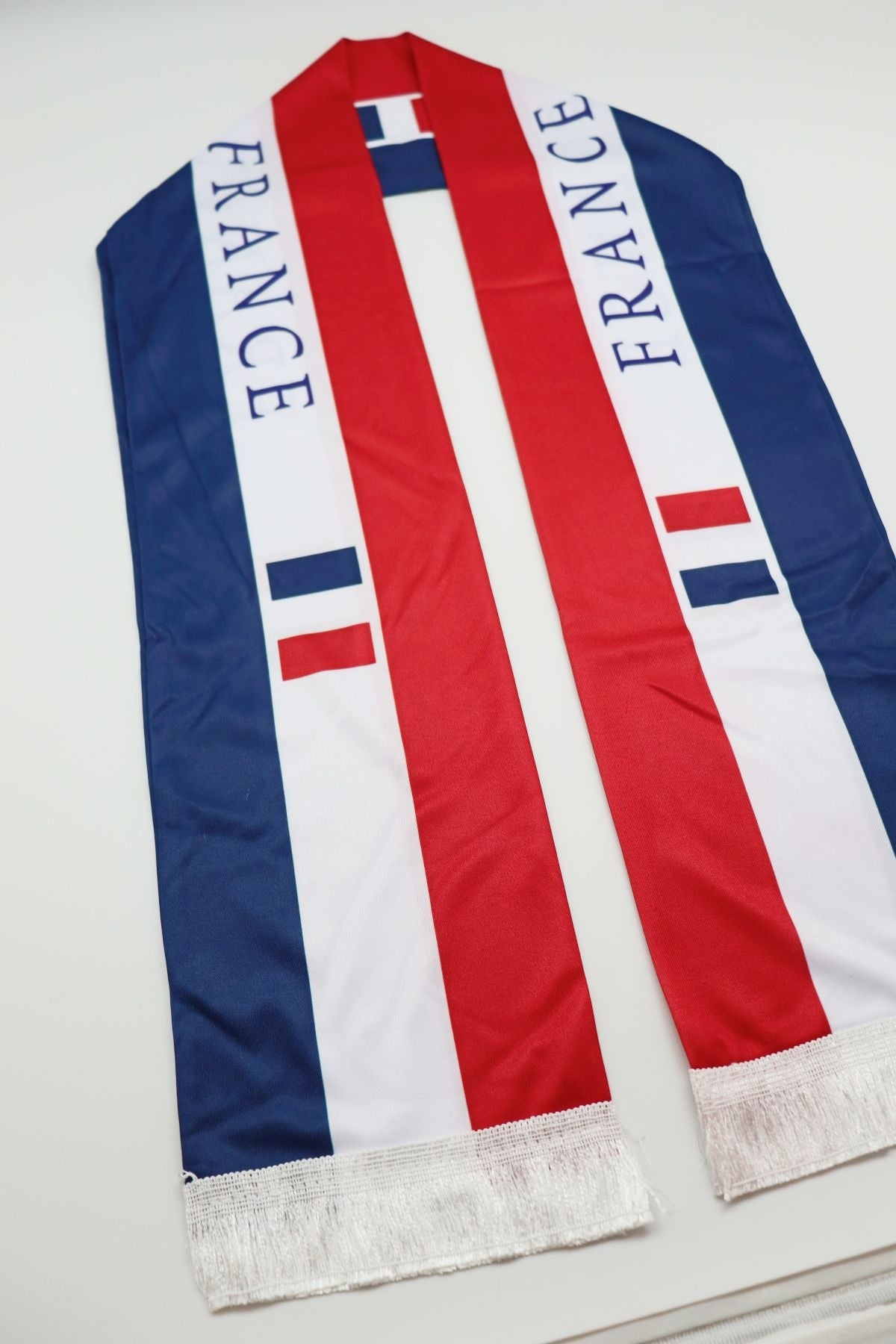 France Flag Satin Soccer Scarf detail of the FRANCE lettering and flag print