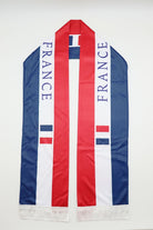 France Flag Satin Soccer Scarf laid flat, full length with FRANCE lettering and white fringes