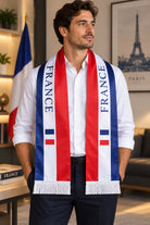 France Flag Satin Soccer Scarf worn around the neck by a man in a white shirt