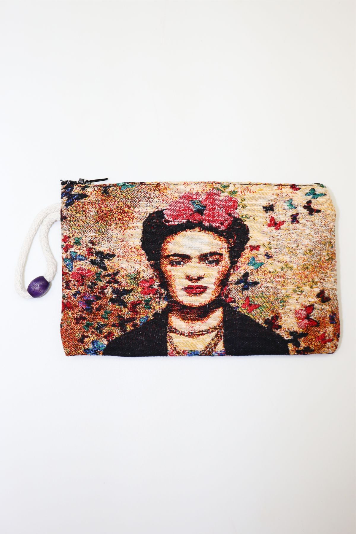 Frida Kahlo Woven Tapestry Clutch Wallet — woven clutch wallet with wrist strap, front view
