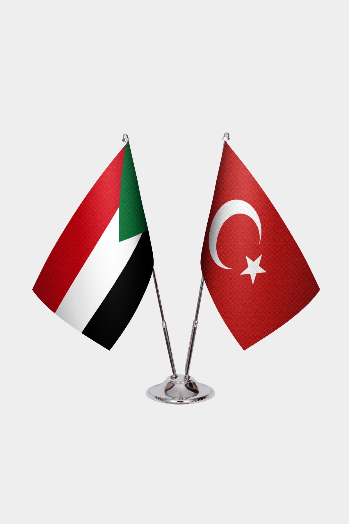 Sudan and Turkey desk flag set with chrome pole and base