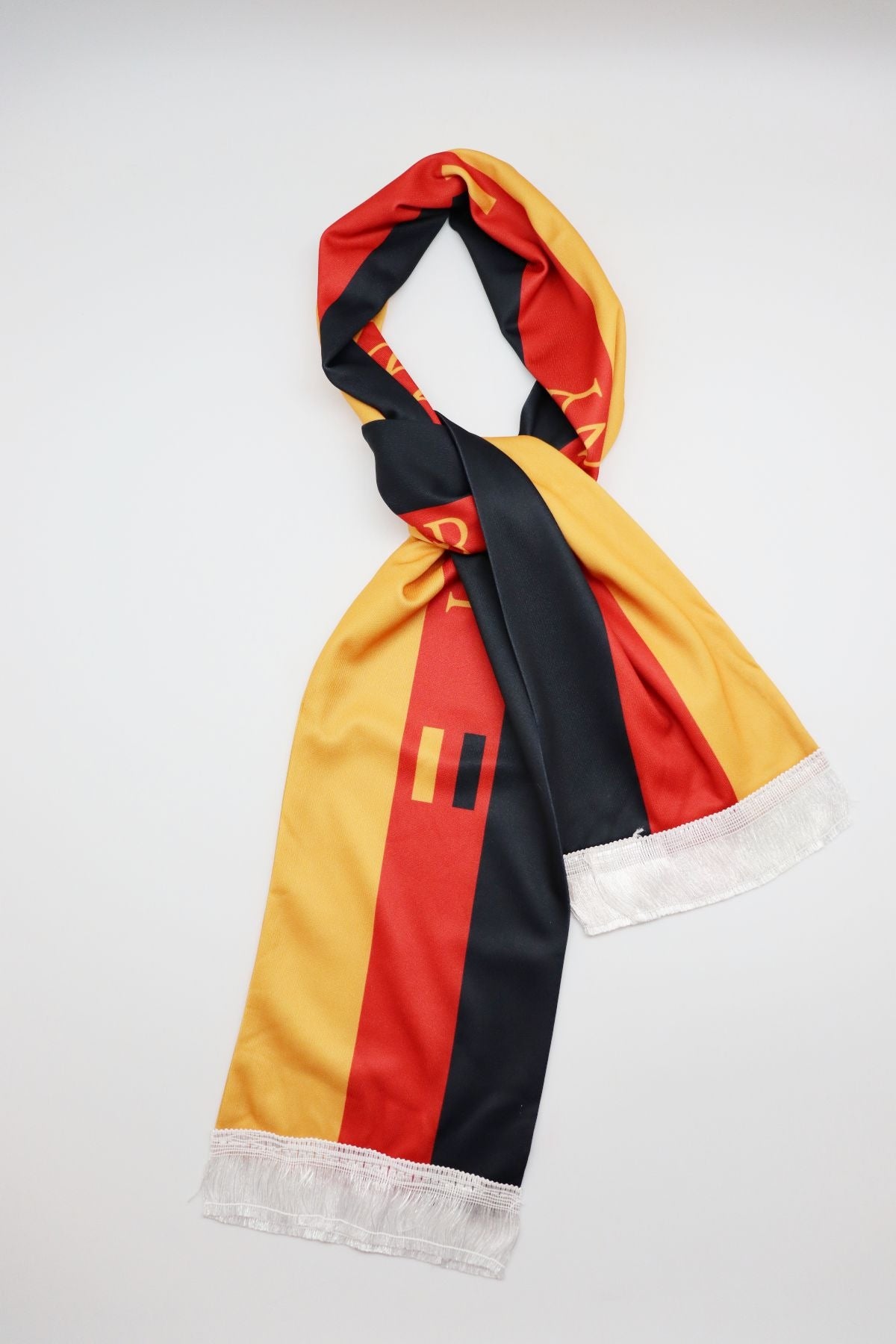 Germany Flag Satin Soccer Scarf looped and tied, showing the print on both sides