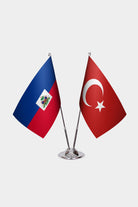 Haiti and Turkey desk flag set with chrome pole and base