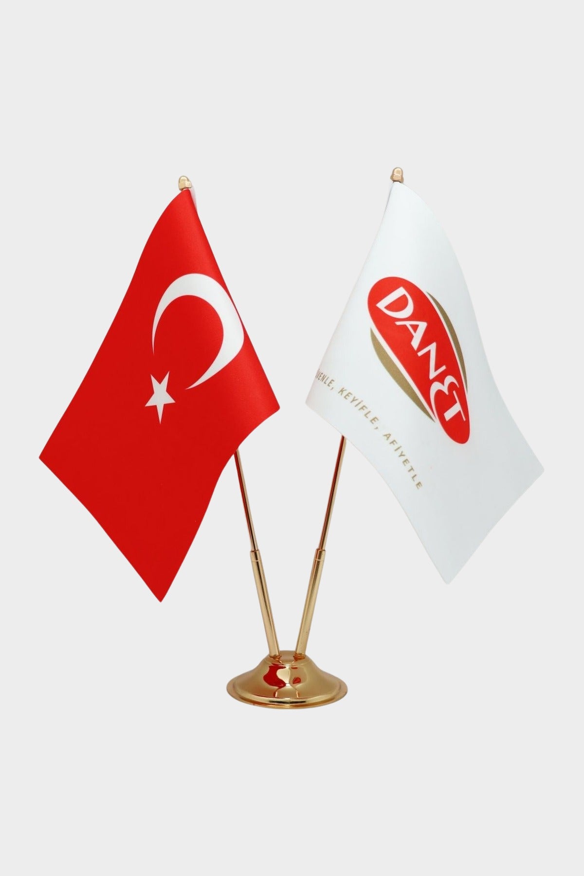 Logo Printed Double Desk Flag with gold poles, 15 × 22.5 cm flags on a weighted base (1)