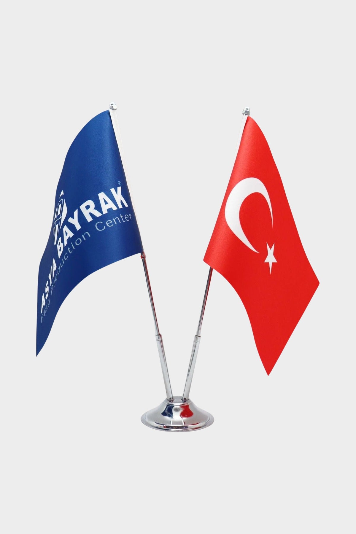 Logo Printed Double Desk Flag with chrome poles, 15 × 22.5 cm flags on a weighted base (1)