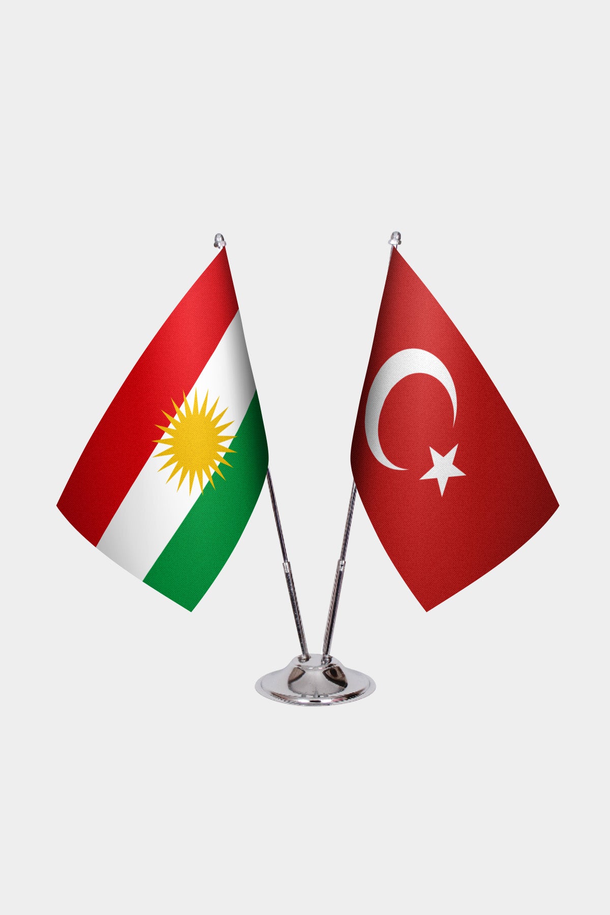 Iraqi Kurdistan and Türkiye dual desk flag set with chrome silver pedestal, satin office table flag