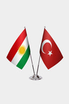 Iraqi Kurdistan and Türkiye dual desk flag set with chrome silver pedestal, satin office table flag